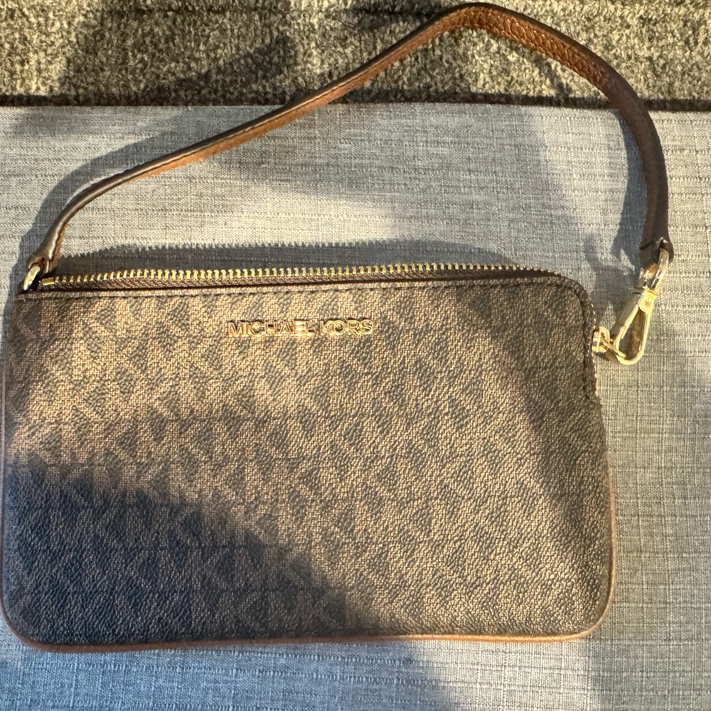 Michael Kors Brown Patterned Wristlet with Gold Accents